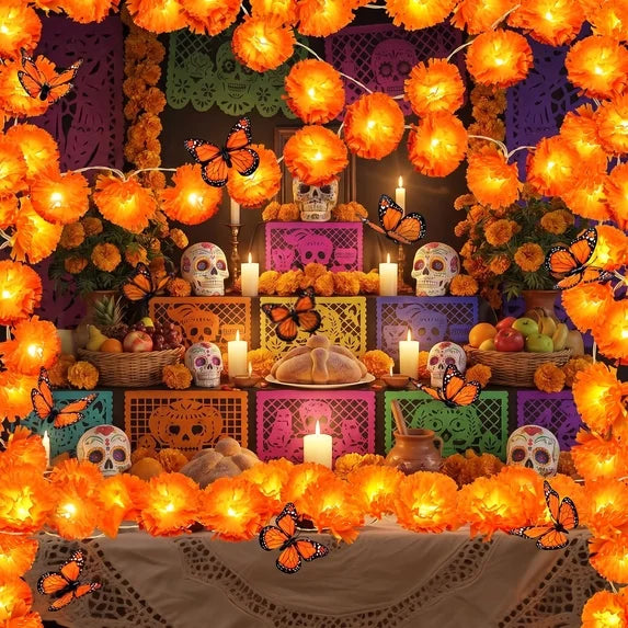 Leyaron Dia De Los Muertos Decorations, 2 Pack Total 13 Ft Artificial Marigold Flowers Garland for Day of the Dead Diwali Indian Altar Halloween Thanksgiving Home Decor