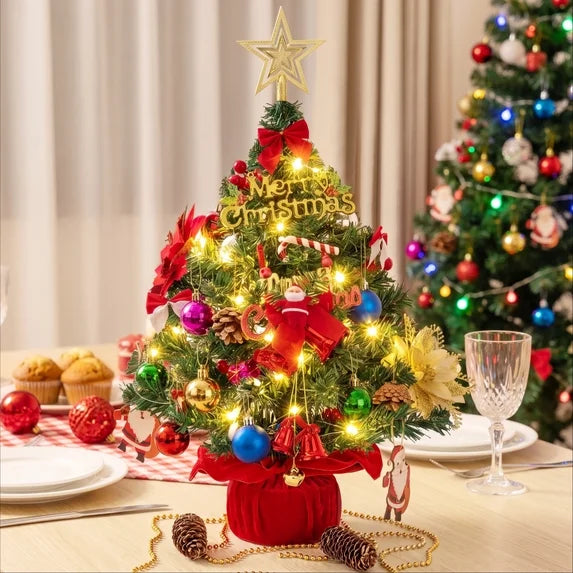 Leyaron Christmas Tree with Lights, 2 Ft Artificial Mini Tabletop Christmas Tree with Ornaments for Indoor Office Table Holiday Party Home Xmas Decorations