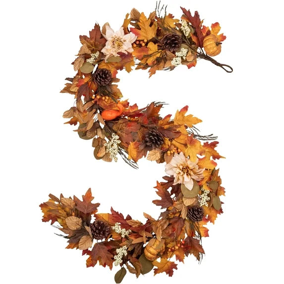 Leyaron Fall Garlands Decorations, 6 Ft Autumn Maple Leaves Garlands with Pumpkins Fall Decorations for Home Thanksgiving Outdoor Indoor Party Table Porch Fireplace Autumn Decor
