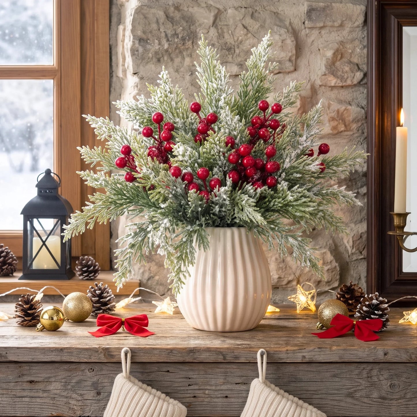 Leyaron Christmas Greenery Decorations, 60 Pcs Artificial Snow Pine Branches with Red Berries Fake Christmas Stems for Indoor Outdoor DIY Craft Home Xmas Decor