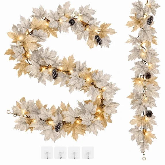 Leyaron Fall Garlands Decorations, 2 Pack 12 Ft Autumn Maple Leaves Garlands with Lights Fall Decorations for Home Thanksgiving Party Outdoor Indoor Table Autumn Decor, White