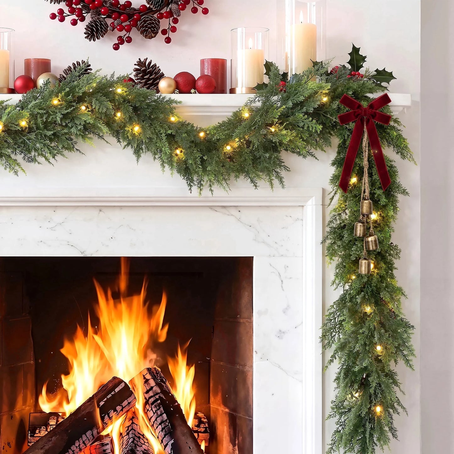 Leyaron Christmas Garland Decorations, 9 Ft Artificial Norfolk Pine Christmas Greenery Garlands with Lights for Indoor Outdoor Fireplace Mantle Table Door Stairs Home Xmas Decor