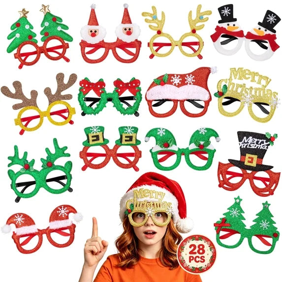 Leyaron Christmas Glasses Frames, 28 Pcs Christmas Glitter Eyeglasses Frames Party Favors Accessories Costume for Parties Holiday Photo Booths Xmas Decor