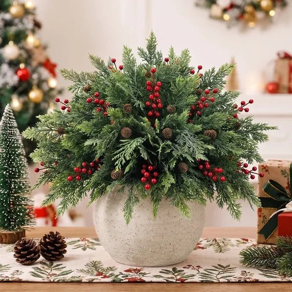 Leyaron Christmas Greenery Decorations, 8 Pcs Artificial Pine Branches with Pine Cone Red Berries Stems for Indoor Outdoor DIY Craft Home Xmas Decor