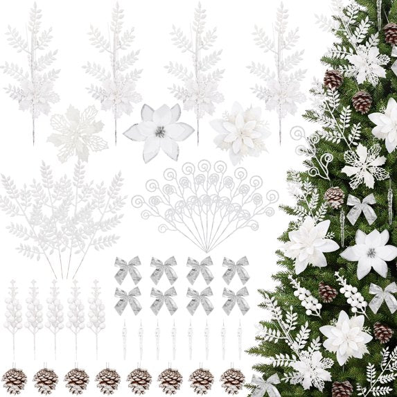 Leyaron Christmas Tree Ornaments, 90 Pcs Christmas Artificial Poinsettias Glitter Berries Stems Pine Cones Decorations for Xmas Trees Holiday Decor, White