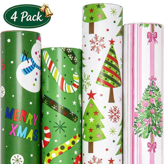 Leyaron Christmas Wrapping Paper, 4 Rolls 17 Inch x 9.8 Ft Christmas Kraft Gift Wrapping Paper for Gift Box Party Favors Supplies Xmas, Green Pink