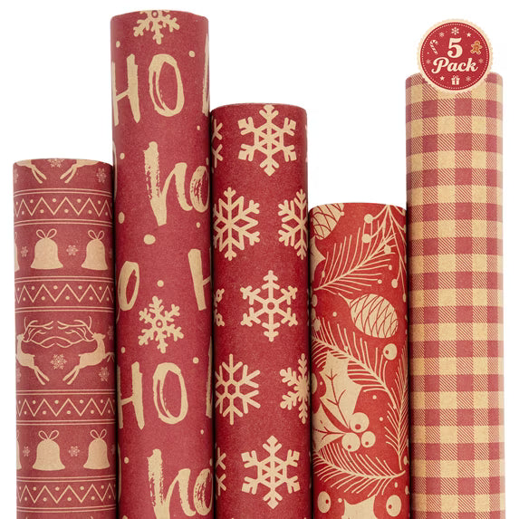 Leyaron Christmas Wrapping Paper, 5 Rolls 17 Inch x 9.8 Ft Christmas Kraft Gift Wrapping Paper with Stickers for Gift Box Party Favors Supplies Xmas