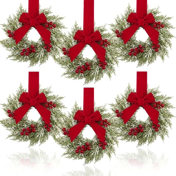 Leyaron Christmas Wreaths Decorations, 6 Pack 10" Mini Christmas Cedar Wreaths with Bow for Front Door Table Cabinets Window Home Xmas Decor