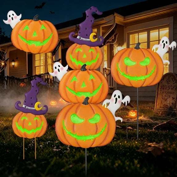 Leyaron Halloween Garden Decor, Stacked Metal Pumpkins with Witch Hat, Shimmering Halloween Yard Pumpkin Stake for Outdoor Patio Pathway Decorations