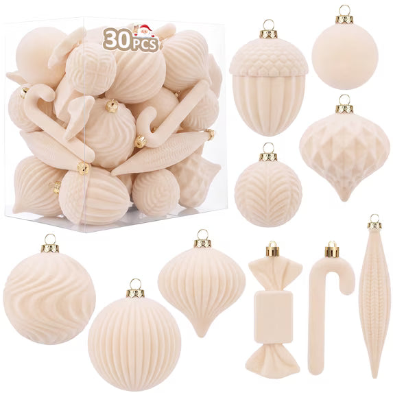 Leyaron Velvet Christmas Balls, 30 Pcs Flocked Christmas Tree Decoration Ornaments Set for Xmas Tree Wreath Garland Holiday Party Home Decor, Cream
