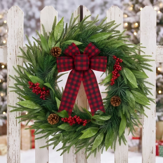 Leyaron Christmas Wreaths for Front Door, 24" Artificial Christmas Wreaths with Hanger and Plaid Bow for Indoor Outdoor Fireplace Wall Window Home Xmas Decorations