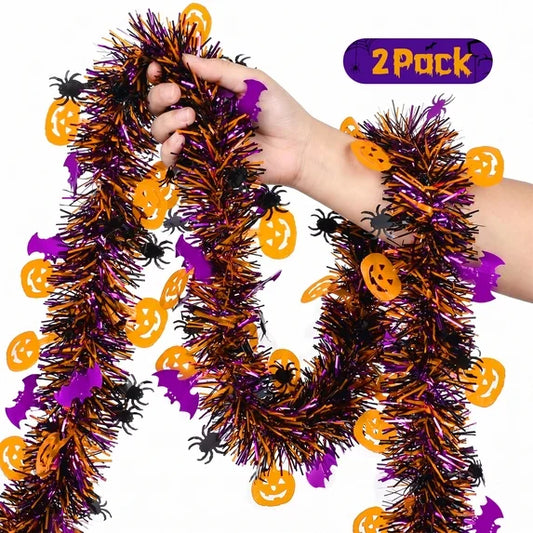Leyaron Halloween Garland Decor, 2 Pcs 100 FT Glitter Tinsel Pumpkin Bats Spider Garland for Indoor Outdoor Yard Garden Porch Home Halloween Decorations, Purple