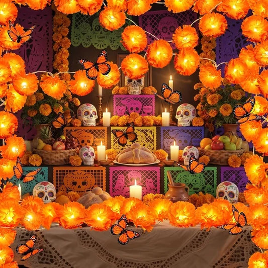 Leyaron Dia De Los Muertos Decorations, 2 Pack Total 13 Ft Artificial Marigold Flowers Garland for Day of the Dead Diwali Indian Altar Halloween Thanksgiving Home Decor