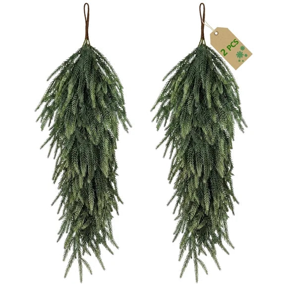 Leyaron Christmas Swags Decorations, 2 Pcs 30" Christmas Artificial Norfolk Pine Greenery Teardrop Wreath for Indoor Outdoor Table Mantle Fireplace Xmas Decor