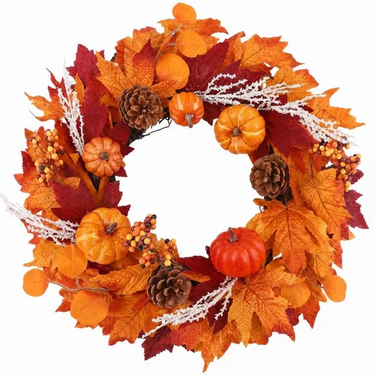 Leyaron Fall Wreath Decorations, 22" Autumn Maple Leaves Wreaths with Pumpkin for Autumn Thanksgiving Party Farmhouse Indoor Outdoor Fireplace Window Wall Fall Decor