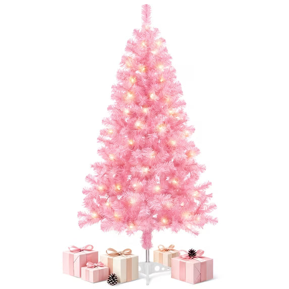 Leyaron Christmas Tree with Lights, 4FT Pre Lit Artificial Small Mini Christmas Tree Decorations for Indoor Holiday Xmas Home Decor, Pink