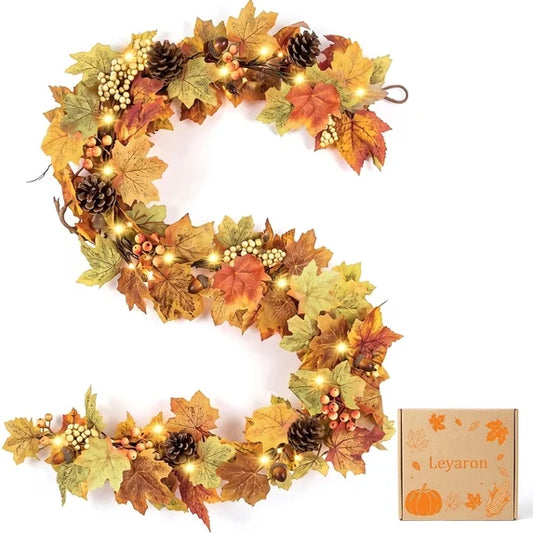 Leyaron Fall Garlands Decorations, 6 FT Fall Maple Leaves Garlands with Lights Berries for Autumn Thanksgiving Outdoor Indoor Party Table Porch Fireplace Home Decor