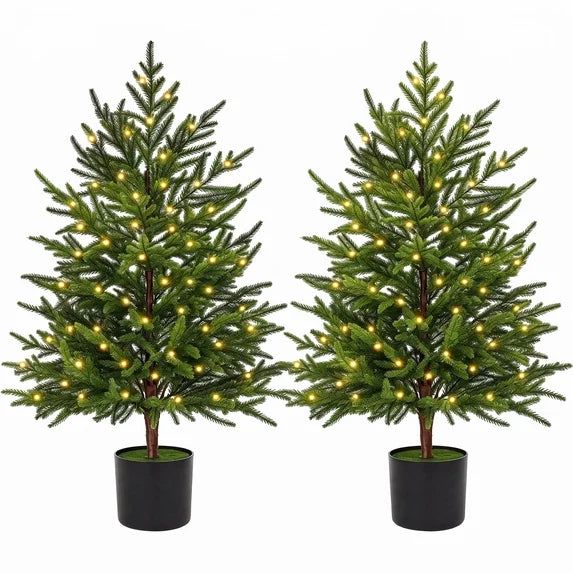Leyaron 2 Pack Artificial Norfolk Pine Christmas Tree, 3 FT Fake Potted Tree Faux Plant with 50 LED for Front Door Indoor Outdoor Porch Room Office Holiday Home Xmas Decor