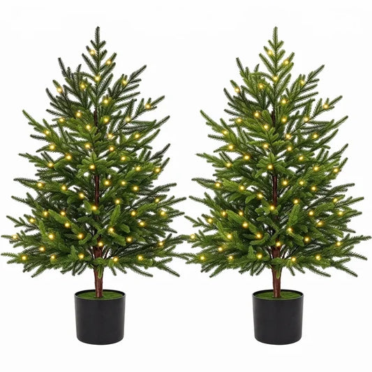 Leyaron 2 Pack Artificial Norfolk Pine Christmas Tree, 3 FT Fake Potted Tree Faux Plant with 50 LED for Front Door Indoor Outdoor Porch Room Office Holiday Home Xmas Decor