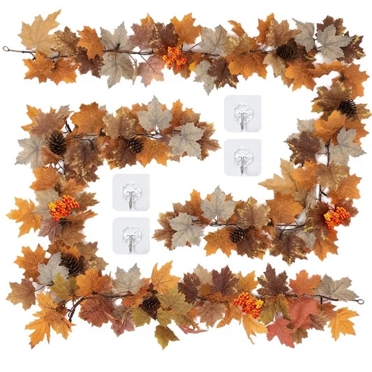 Leyaron Fall Garlands Decorations, 2 Pack 12 Ft Autumn Maple Leaves Garlands with Lights Fall Decorations for Home Thanksgiving Party Outdoor Indoor Table Autumn Decor, Brown