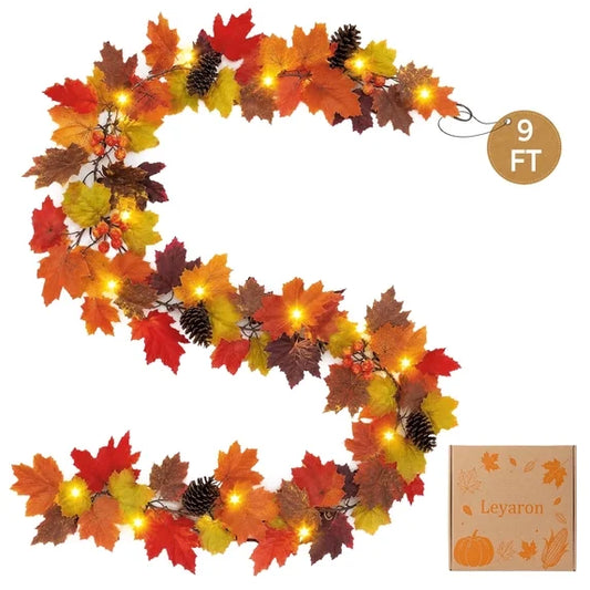 Leyaron Fall Garlands Decorations, 9 FT Autumn Maple Leaves Garlands with Lights Fall Decorations for Home Thanksgiving Outdoor Indoor Party Table Porch Fireplace Autumn Decor