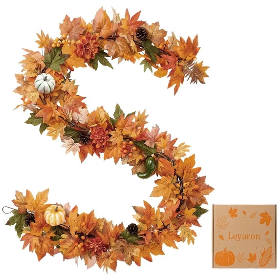 Leyaron Fall Garlands Decorations, 6 FT Fall Maple Leaves Garlands with Lights for Autumn Thanksgiving Outdoor Indoor Party Table Porch Fireplace Home Decor