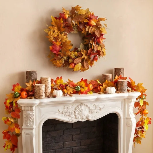 Leyaron 2 Pack Fall Wreath Decoration Set, 20" Autumn Cape Gooseberry Wreath and 6 Ft Garland Fall Decorations for Home Farmhouse Fireplace Indoor Outdoor Thanksgiving Autumn Decor