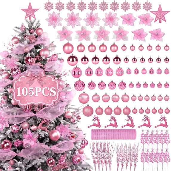 Leyaron Christmas Tree Ornaments, 105PCS Christmas Balls Set with Star Poinsettia Flower Berries Stems for Trees Holiday Xmas Decor, Pink