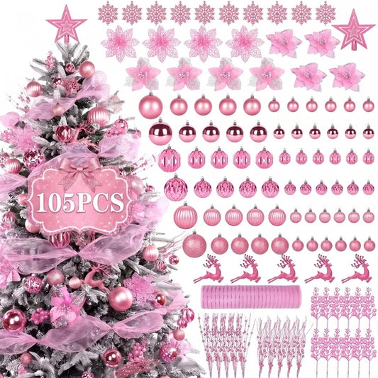 Leyaron Christmas Tree Ornaments, 105PCS Christmas Balls Set with Star Poinsettia Flower Berries Stems for Trees Holiday Xmas Decor, Pink