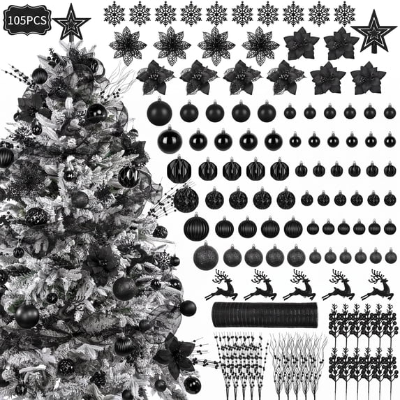 Leyaron Christmas Tree Ornaments, 105PCS Christmas Balls Set with Star Poinsettia Flower Berries Stems for Trees Holiday Xmas Decor, Black