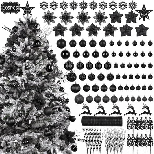 Leyaron Christmas Tree Ornaments, 105PCS Christmas Balls Set with Star Poinsettia Flower Berries Stems for Trees Holiday Xmas Decor, Black