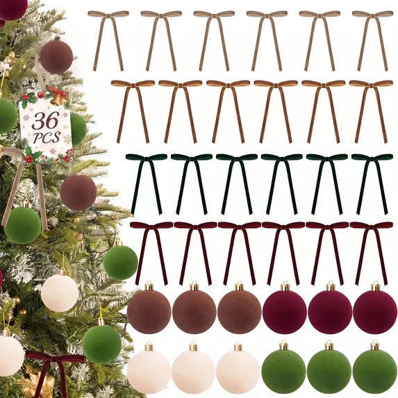 Leyaron Velvet Christmas Ornaments, 12Pcs 2.36" Velvet Christmas Hanging Balls & 24Pcs Bows for Xmas Tree Wreath Garland Holiday Party Xmas Home Decor