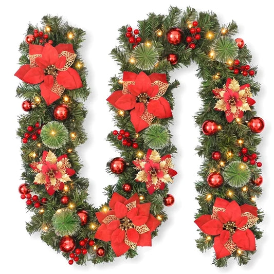 Leyaron Christmas Garland with Lights, 9FT 50 Led Lights Christmas Garlands Decorations with Artificial Poinsettia Flowers for Indoor Outdoor Mantel Fireplace Xmas Decor