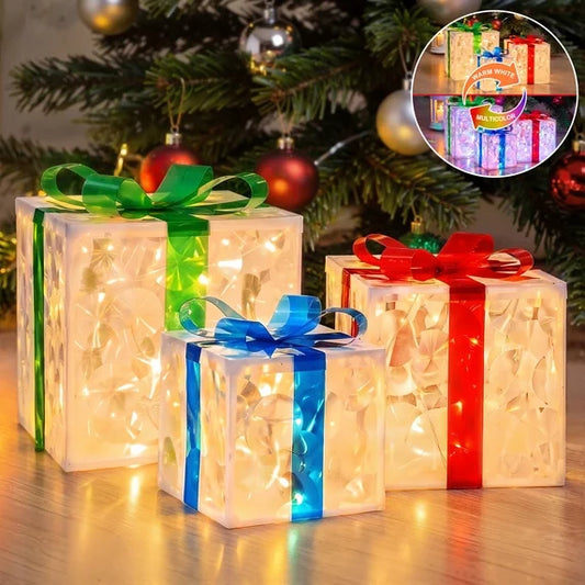 Leyaron Christmas Lighted Gift Boxes, Set of 3 Christmas Present Boxes with Stickers 90 LED Lights for Outdoor Indoor Yard Lawn Home Xmas Decor, Warm White & Multicolor