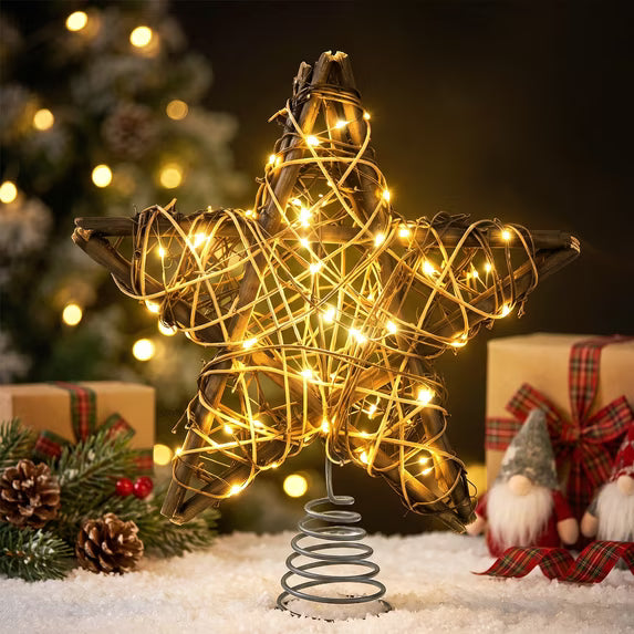 Leyaron Christmas Tree Topper Decorations, 10" Rattan Christmas Tree Star Topper with 50 Led Light for Indoor Outdoor Holiday Farmhouse Home Xmas Decor