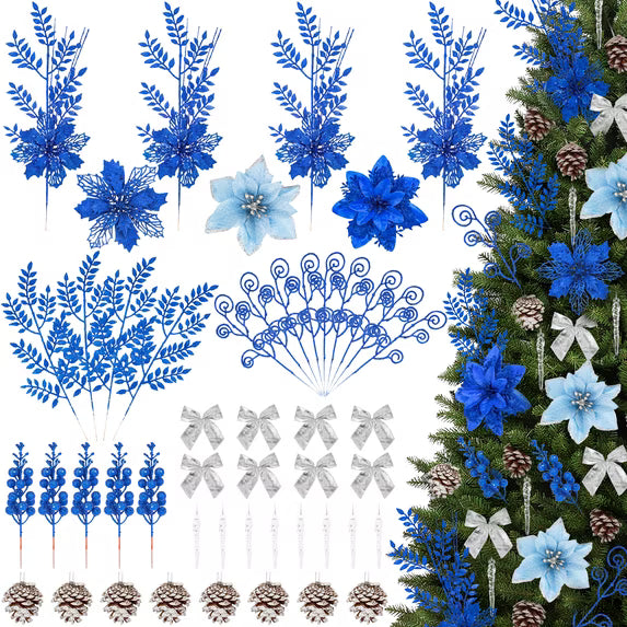 Leyaron Christmas Tree Ornaments, 90 Pcs Christmas Artificial Poinsettias Glitter Berries Stems Pine Cones Decorations for Xmas Trees Holiday Decor, Blue