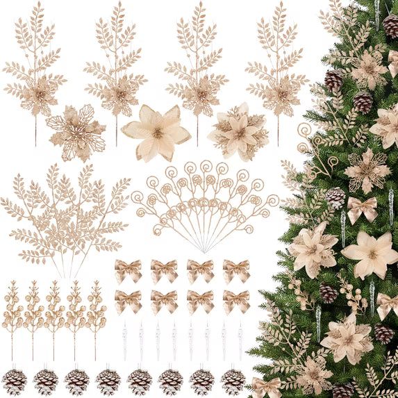Leyaron Christmas Tree Ornaments, 90 Pcs Christmas Artificial Poinsettias Glitter Berries Stems Pine Cones Decorations for Xmas Trees Holiday Decor, Champagne Gold