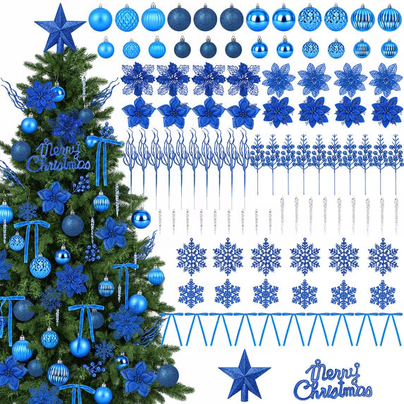 Leyaron Christmas Tree Ornaments, 102 Pcs Christmas Balls Decoration Set with Star Poinsettia Flower Berries Stems for Trees Holiday Xmas Decor, Blue