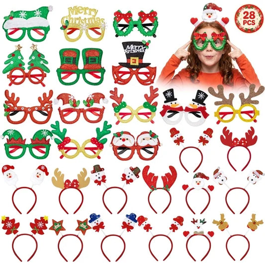 Leyaron Christmas Glasses Frame Set, 28 Pcs Mixed Christmas Headband Set Party Favors Accessories Costume for Women Men Parties Holiday Photo Booth Xmas Decor