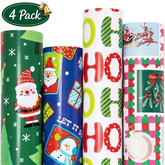 Leyaron Christmas Wrapping Paper, 4 Rolls 17 Inch x 9.8 Ft Christmas Kraft Gift Wrapping Paper for Gift Box Party Favors Supplies Xmas, Multicolor