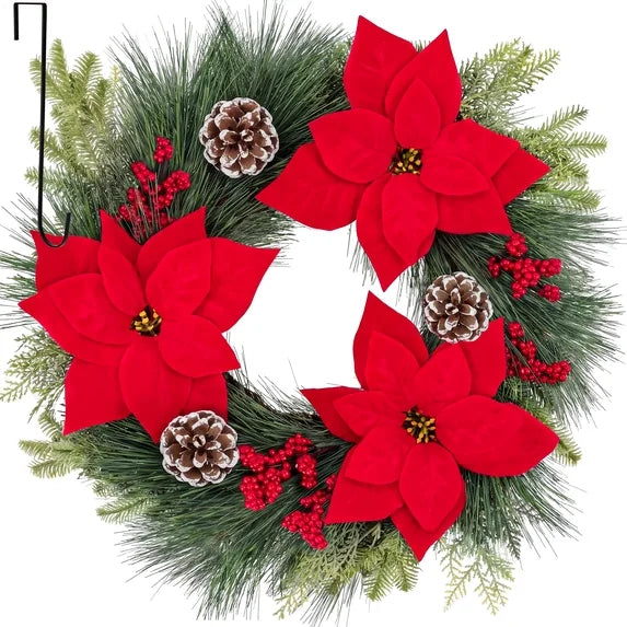 Leyaron Christmas Wreaths for Front Door, 24" Christmas Door Wreath Decorations with Poinsettia Flowers for Winter Wall Indoor Outdoor Home Xmas Decor