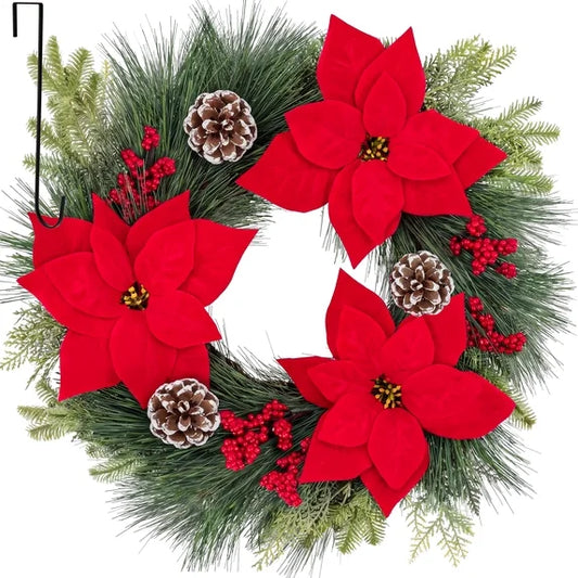 Leyaron Christmas Wreaths for Front Door, 24" Christmas Door Wreath Decorations with Poinsettia Flowers for Winter Wall Indoor Outdoor Home Xmas Decor