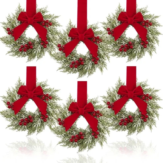 Leyaron Christmas Wreaths Decorations, 6 Pack 10" Mini Christmas Cedar Wreaths with Bow for Front Door Table Cabinets Window Home Xmas Decor