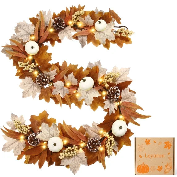 Leyaron Fall Garlands Decorations, 6 FT Fall Maple Leaves Garlands with Lights Punpkins for Autumn Thanksgiving Outdoor Indoor Party Table Porch Fireplace Home Decor
