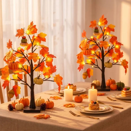 Leyaron Fall Decorations for Home, 2 Pack 24" 48 LED Artificial Fall Lighted Maple Tree with Pumpkins for Indoor Outdoor Party Thanksgiving Autumn Table Decor