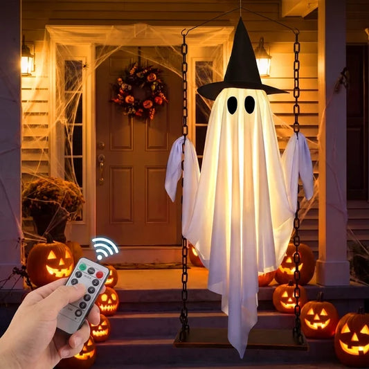 Leyaron Halloween Decorations Outdoor, 3.38FT Hanging Swing Ghosts with Lights Halloween Decor for Home Front Porch Yard Tree Party