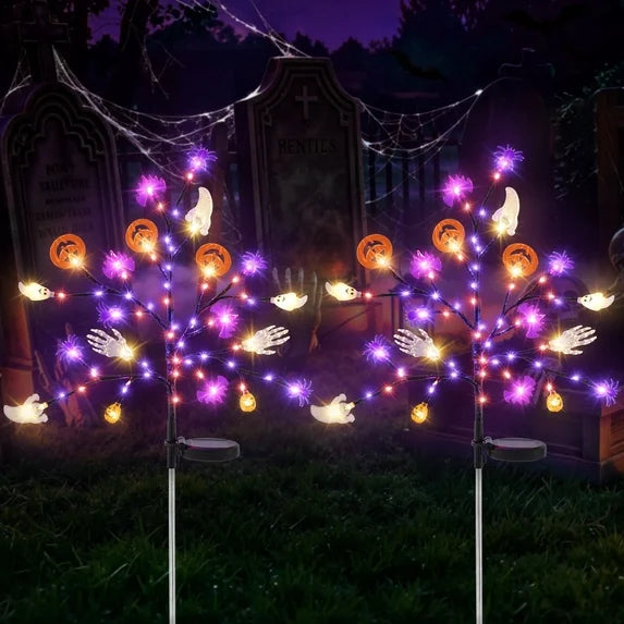 Leyaron Halloween Solar Lights Outdoor, 2 Pack 140LED Solar Lights with Spider Pumpkin Ghosts Bat Halloween Decorations for Home Outdoor Pathway Garden Yard