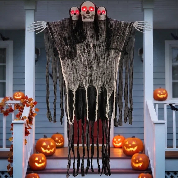 Leyaron Halloween Skeleton Decorations Outdoor, 3 Head Hanging Skeleton Ghosts Skull with Lighted Eyes and Creepy Sound for Outside Indoor Yard Lawn Party Home Halloween Decor