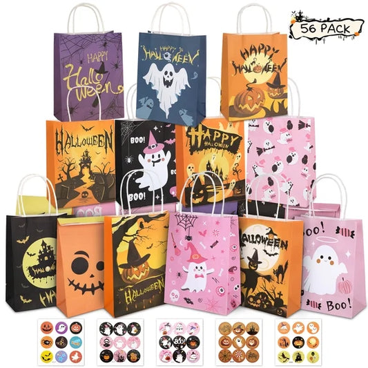 Leyaron Halloween Treat Bags, 56 Pcs Paper Candy Gift Bags Bulk for Halloween Party Gift Candy Snacks Treat Cookie Holiday Supplies