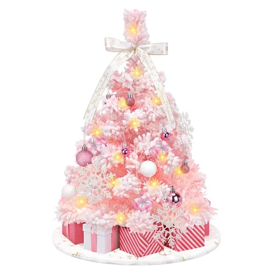 Leyaron Mini Christmas Tree with Lights, 2FT Artificial Pre-lit Small Table Top Christmas Tree with Ornaments for Holiday Xmas Party Home Decor, Pink